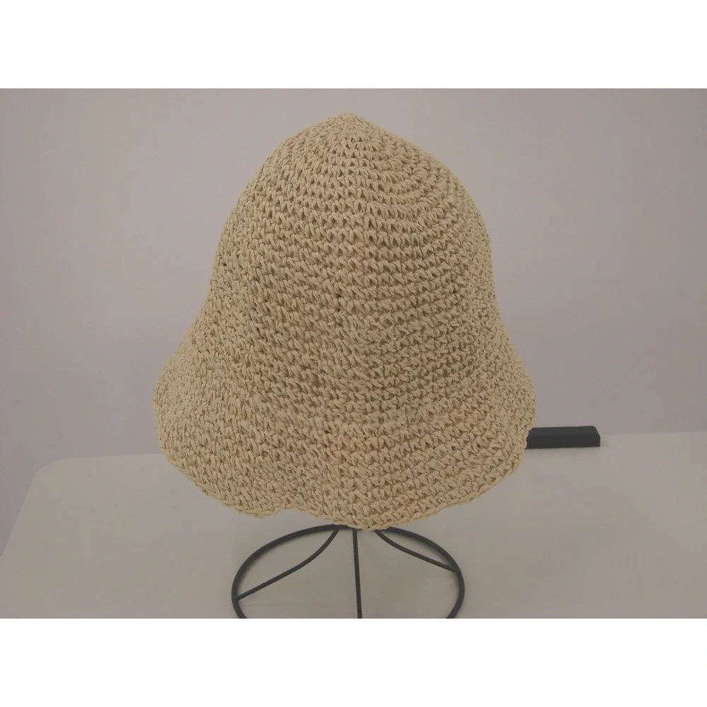 Women's Beige Straw Bucket Hat Paper Crochet Sun Beach Summer Travel One Size - Picture 3 of 6